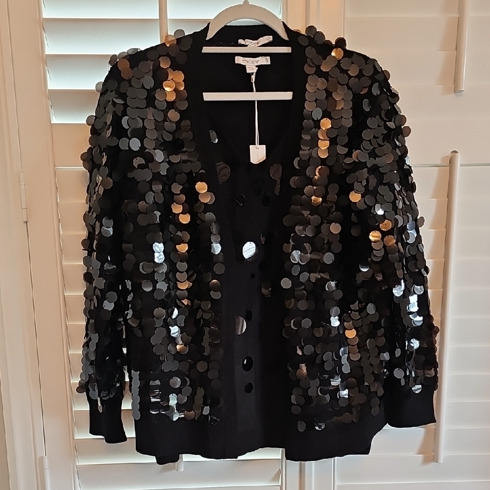 Chico's Twin Set, Black Sequin Open-Front Cardigan And Pullover Sweater